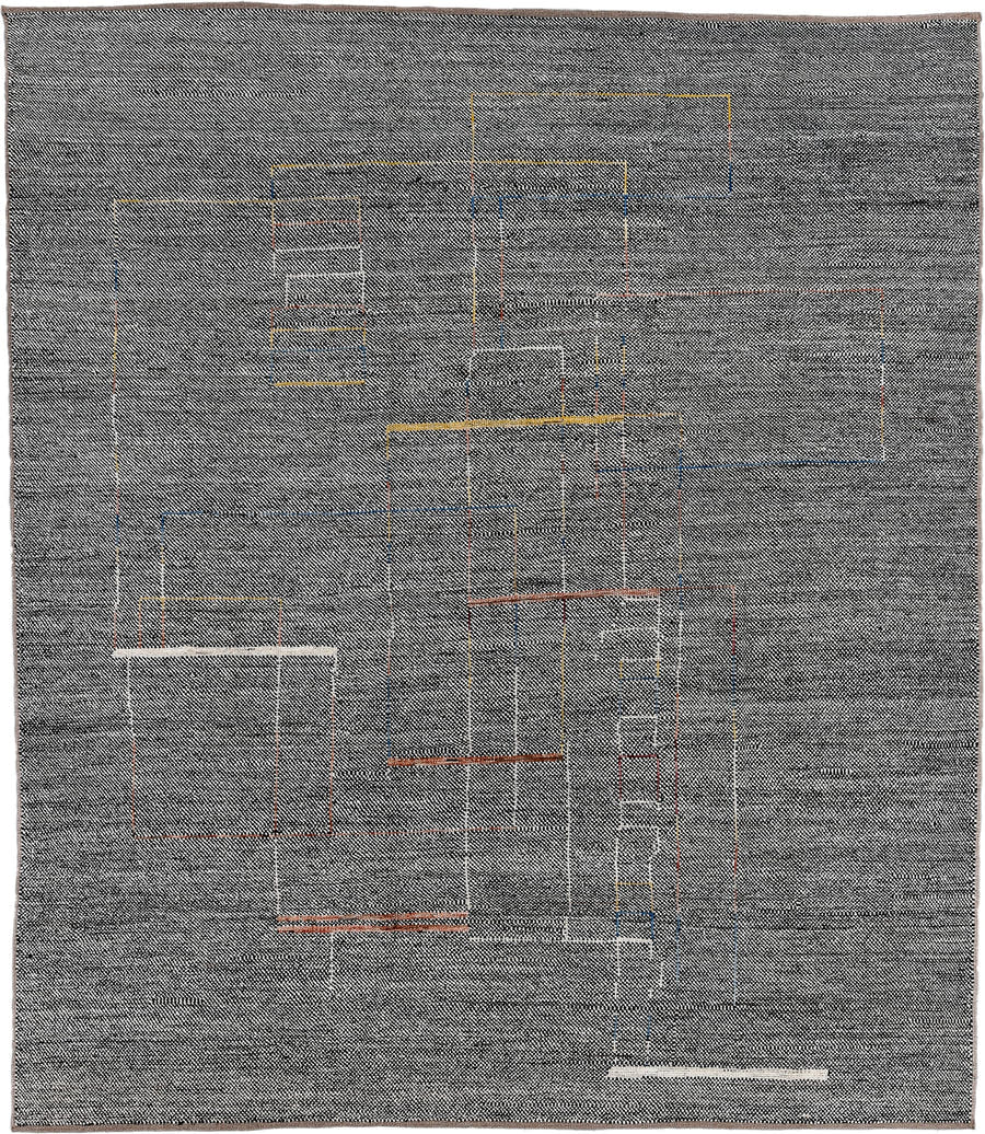 8' x 9' one-of-a-kind handmade vintage Tulu rug. Color palette: charcoal, ivory, taupe, rust, gold, slate, blue, gray, black