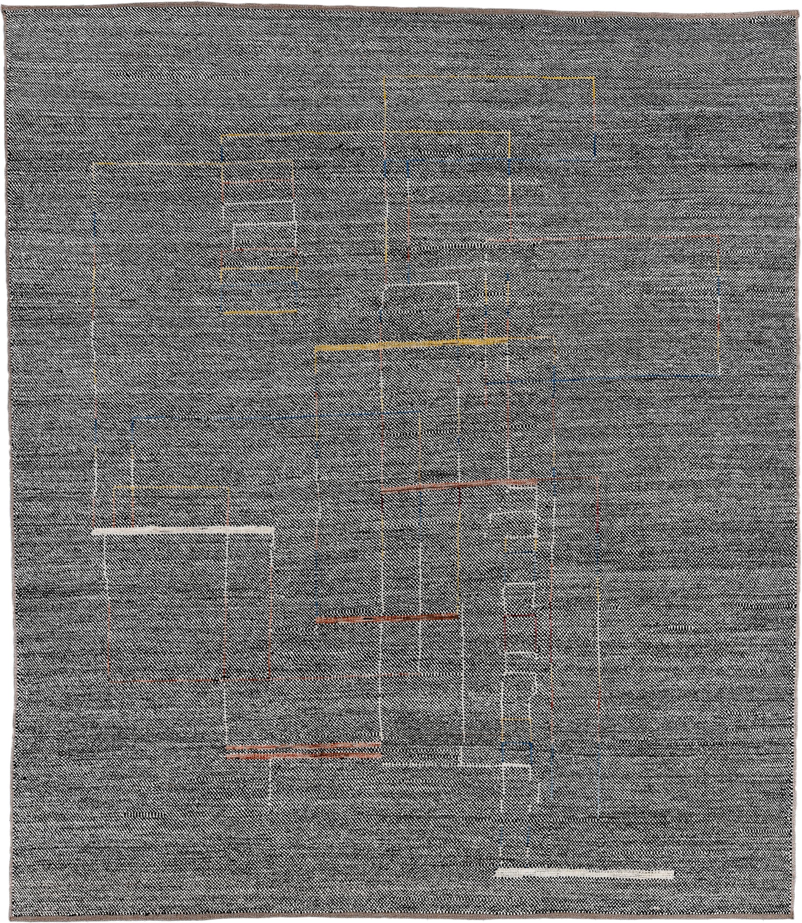 8' x 9' one-of-a-kind handmade vintage Tulu rug. Color palette: charcoal, ivory, taupe, rust, gold, slate, blue, gray, black