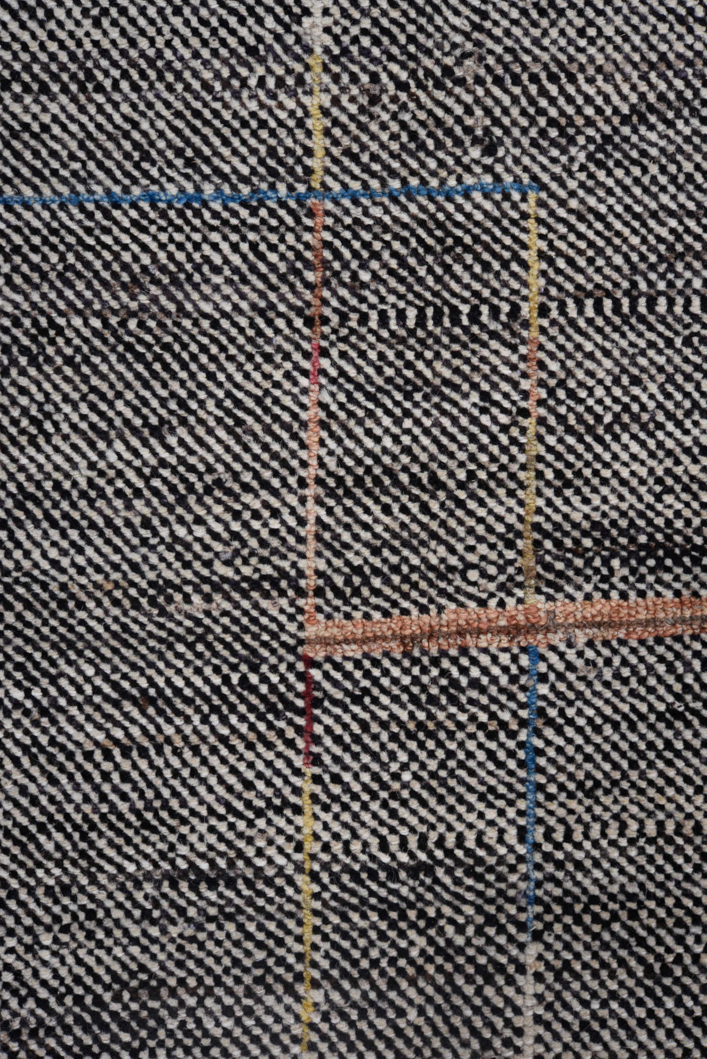 8' x 9' one-of-a-kind handmade vintage Tulu rug. Color palette: charcoal, ivory, taupe, rust, gold, slate, blue, gray, black