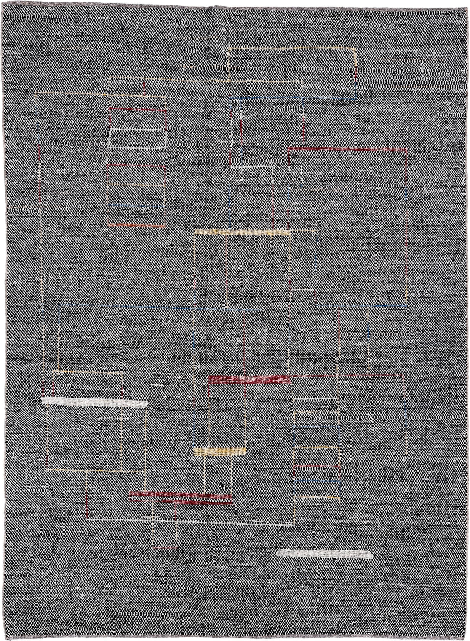 6' x 8' one-of-a-kind handmade vintage Tulu medium size rug. Color palette: charcoal, ivory, red, blue, gold, gray, black