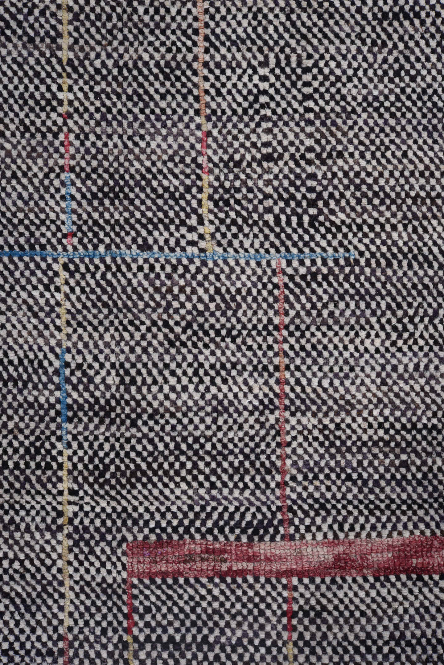 6' x 8' one-of-a-kind handmade vintage Tulu medium size rug. Color palette: charcoal, ivory, red, blue, gold, gray, black