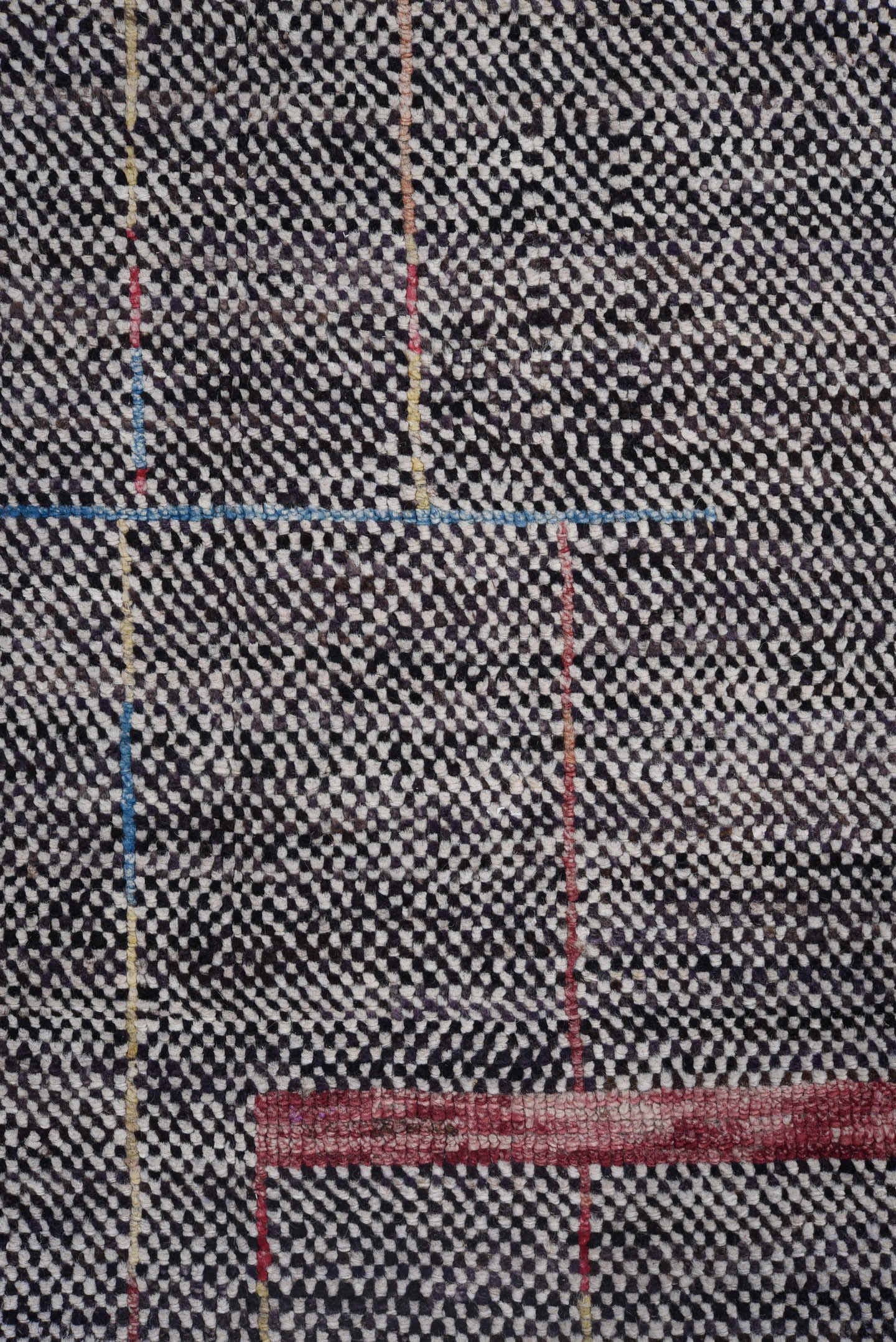 6' x 8' one-of-a-kind handmade vintage Tulu medium size rug. Color palette: charcoal, ivory, red, blue, gold, gray, black