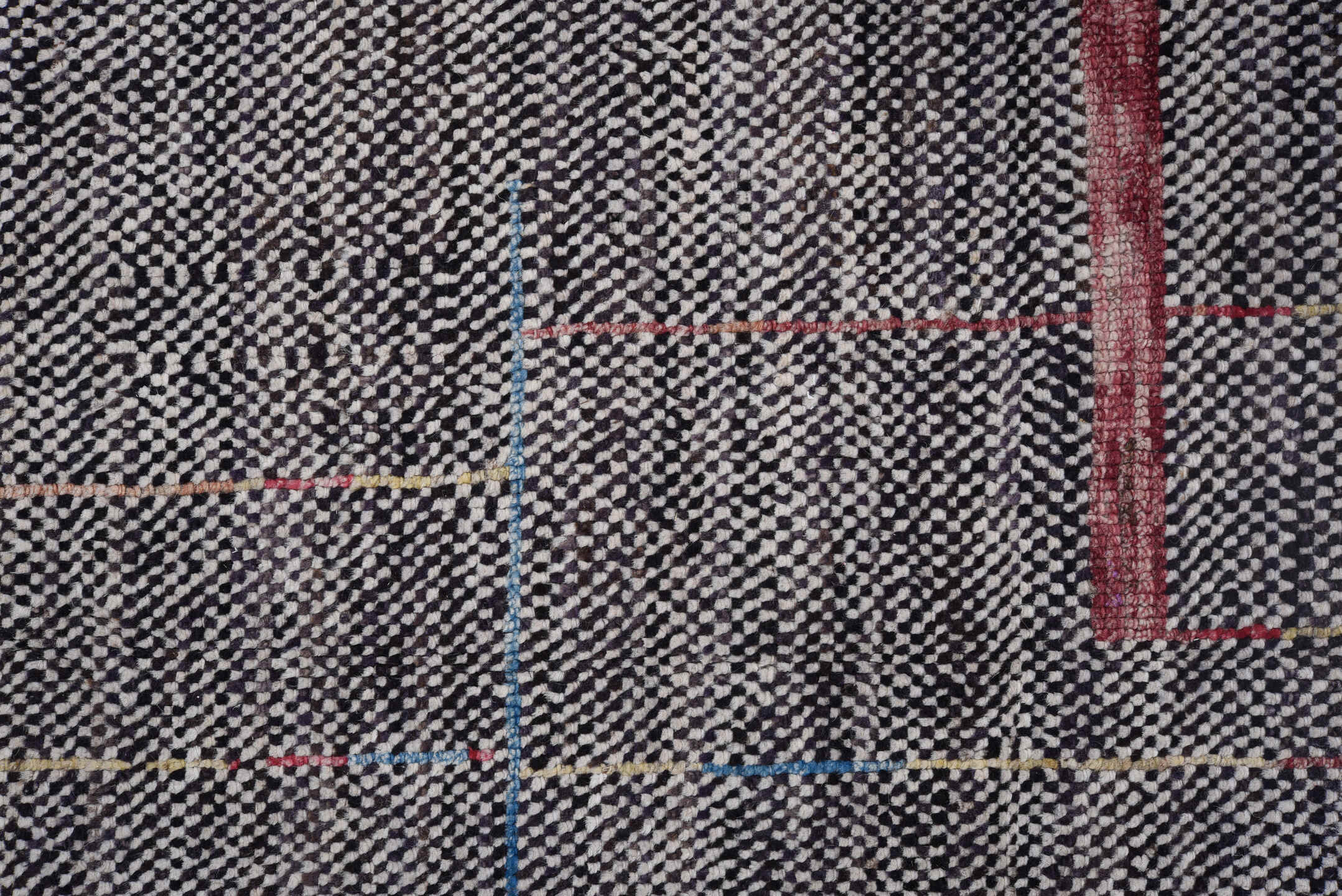 6' x 8' one-of-a-kind handmade vintage Tulu medium size rug. Color palette: black, blue, brown, charcoal, dark gray