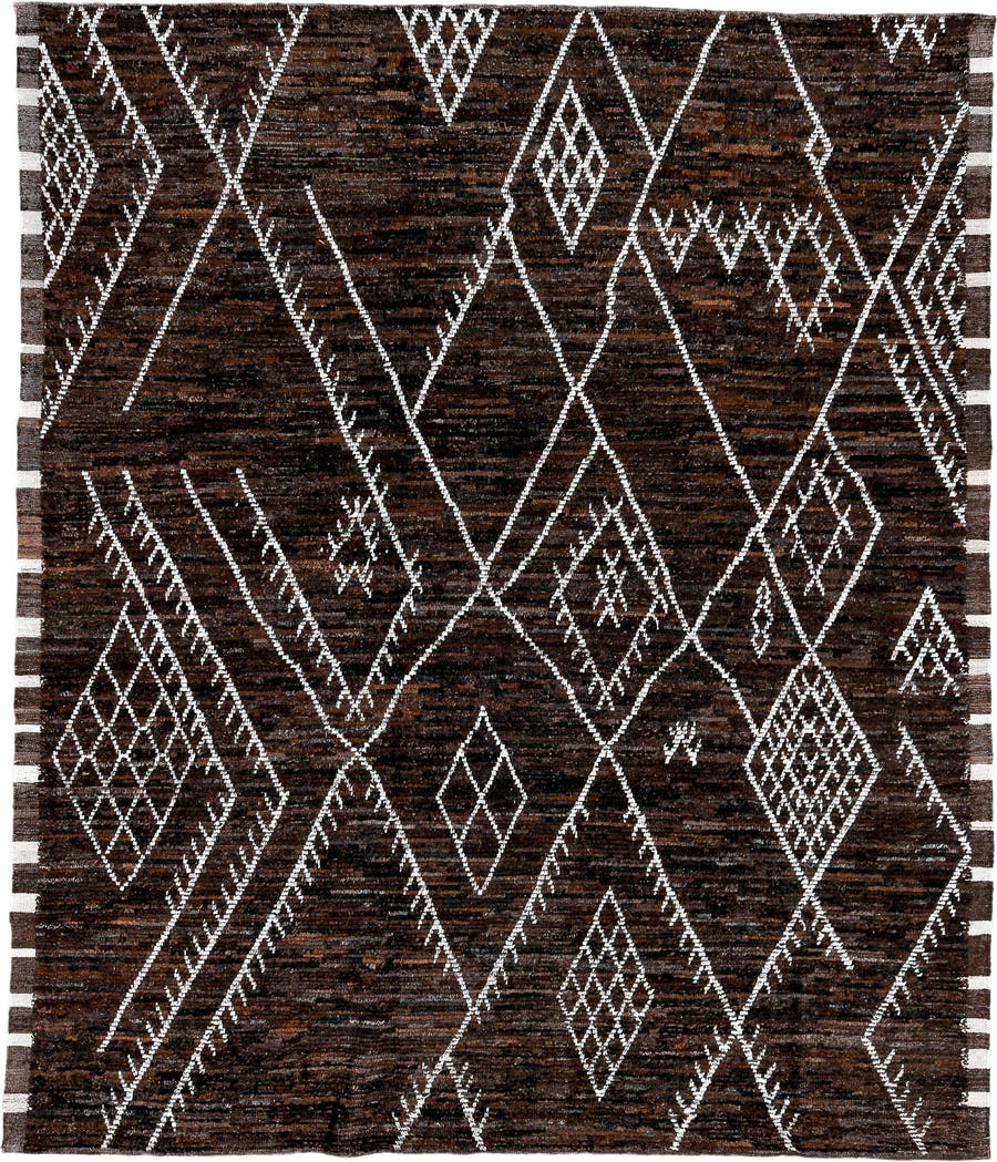 8' x 9' one-of-a-kind handmade vintage Tulu large size rug. Color palette: espresso brown, ivory, charcoal, rust, taupe
