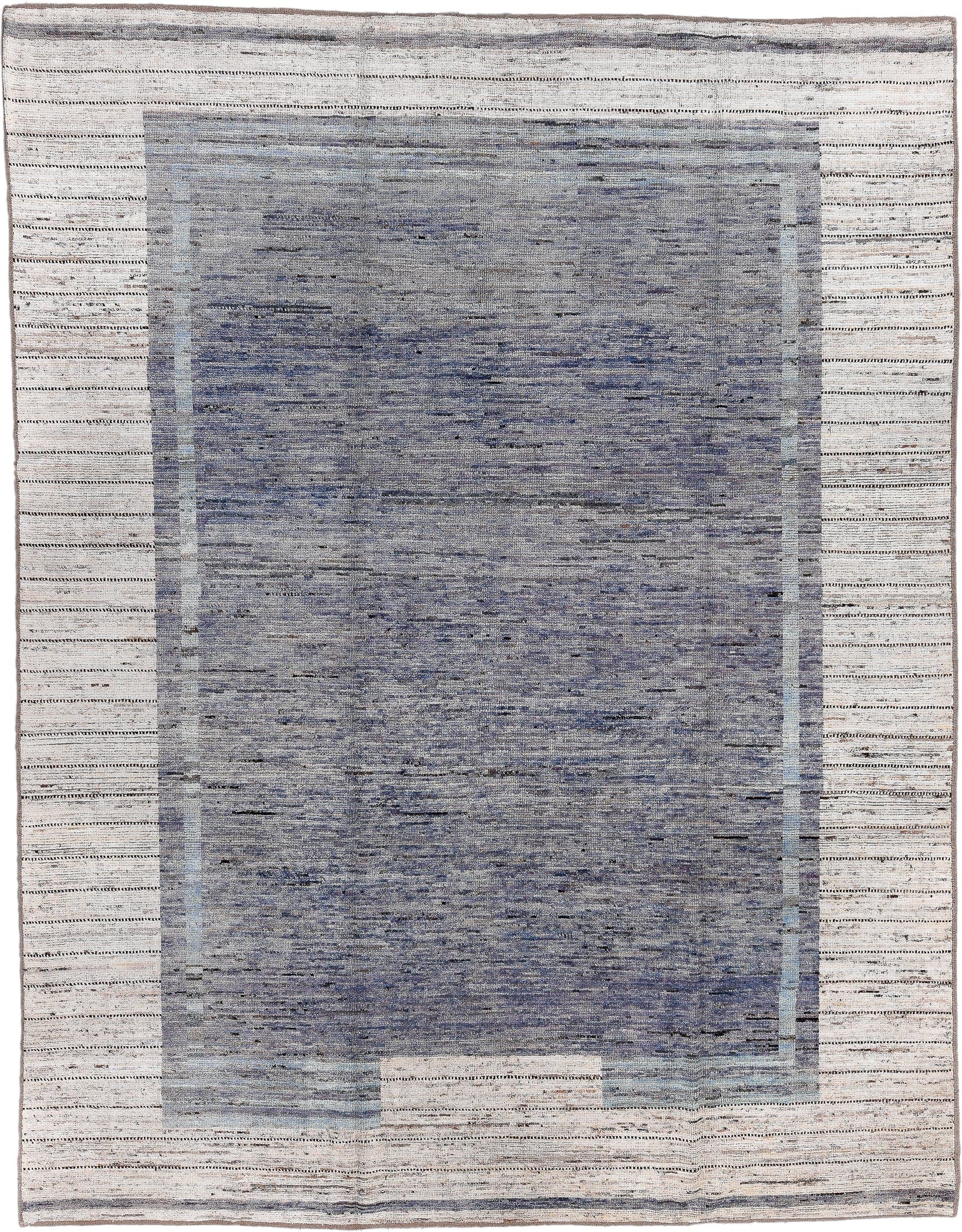 9' x 11' one-of-a-kind handmade vintage Tulu large size rug. Color palette: slate, ivory, gray, charcoal, taupe, pale blue