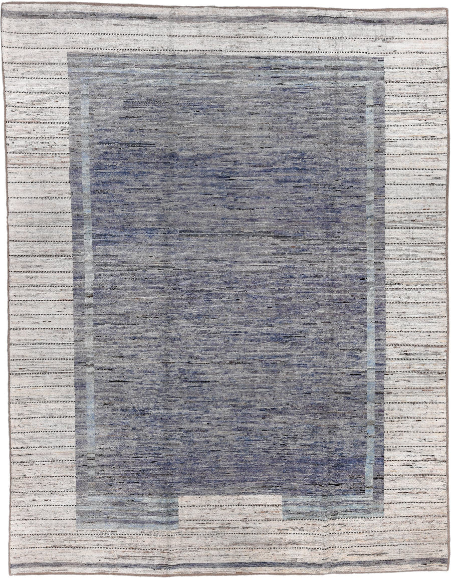 9' x 11' one-of-a-kind handmade vintage Tulu large size rug. Color palette: slate, ivory, gray, charcoal, taupe, pale blue