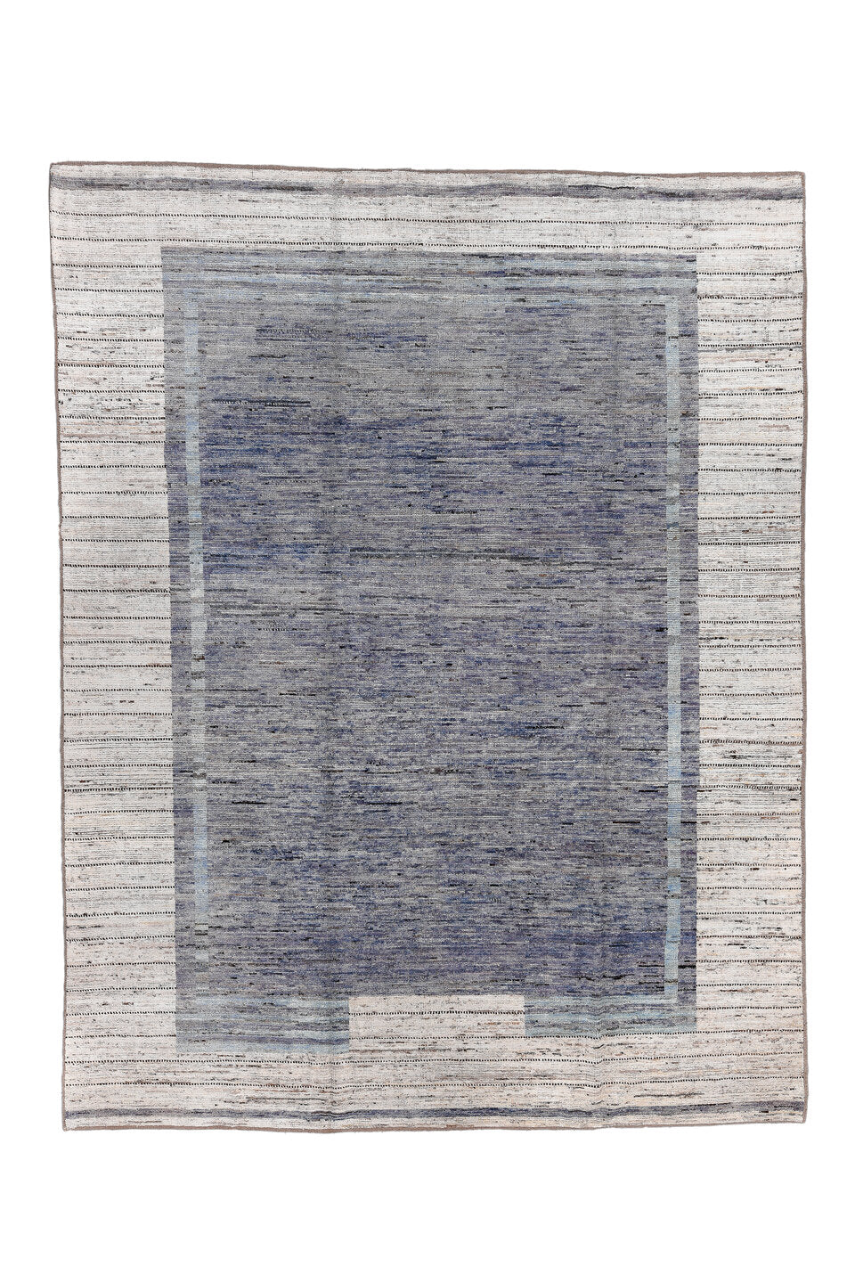 9' x 11' one-of-a-kind handmade vintage Tulu large size rug. Color palette: black, blue, charcoal, dark gray, dim gray