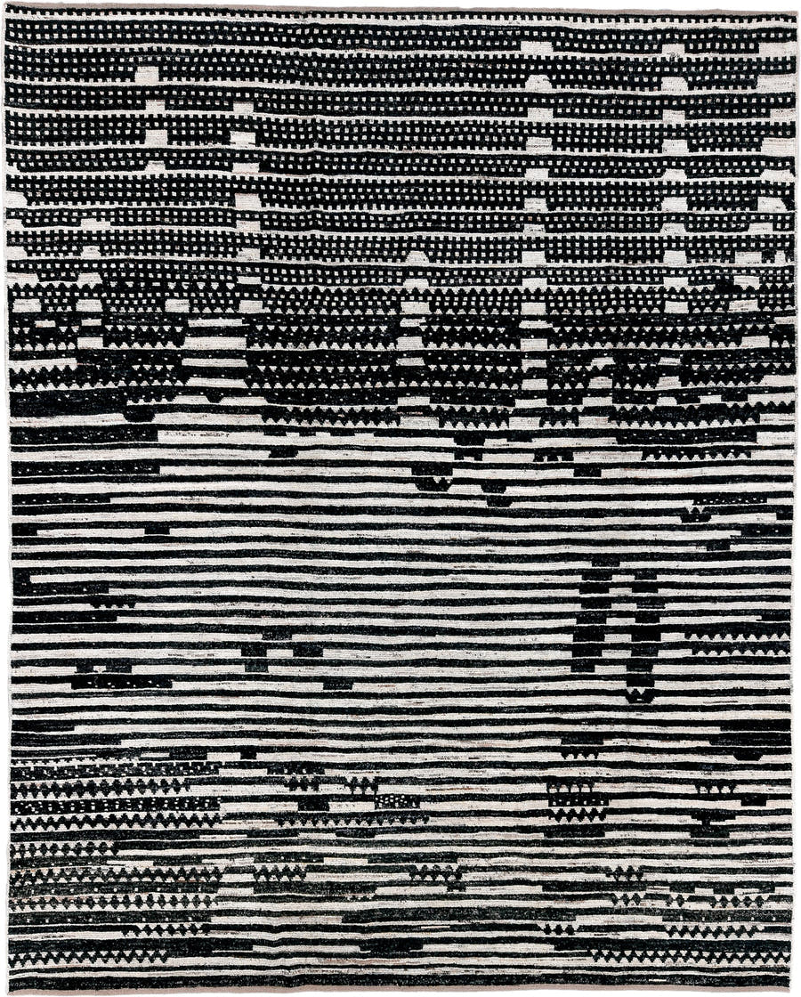 9' x 11' one-of-a-kind handmade vintage Tulu large size rug. Color palette: ivory, black, charcoal, gray