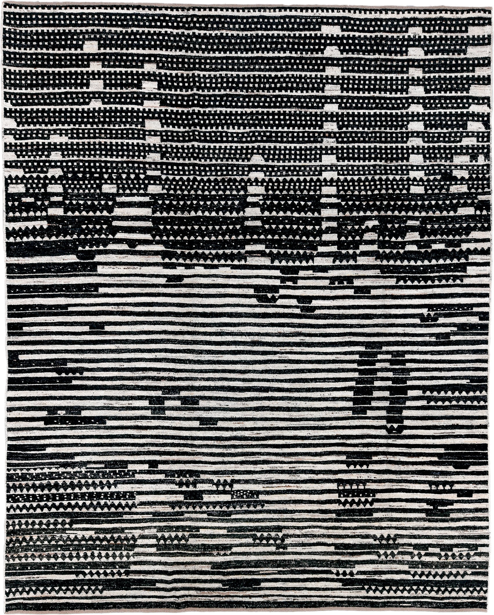 9' x 11' one-of-a-kind handmade vintage Tulu large size rug. Color palette: ivory, black, charcoal, gray