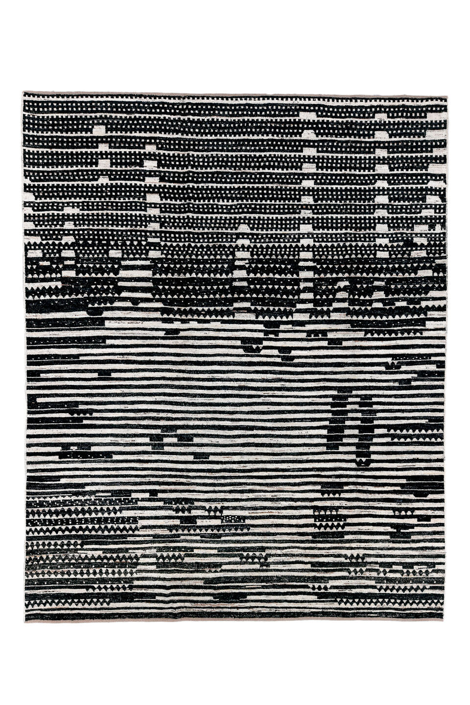 9' x 11' one-of-a-kind handmade vintage Tulu large size rug. Color palette: black, blue, charcoal, dark gray, gray