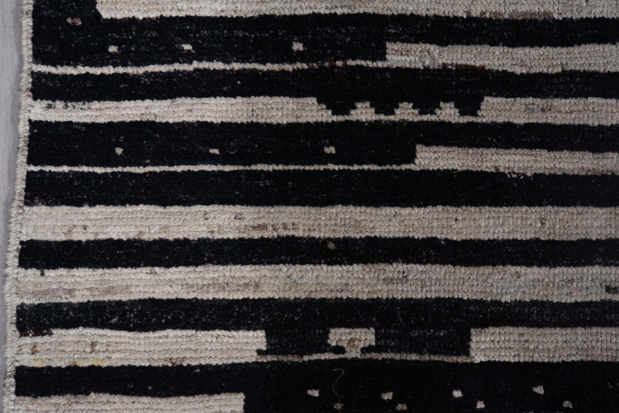 9' x 11' one-of-a-kind handmade vintage Tulu large size rug. Color palette: ivory, black, charcoal, gray