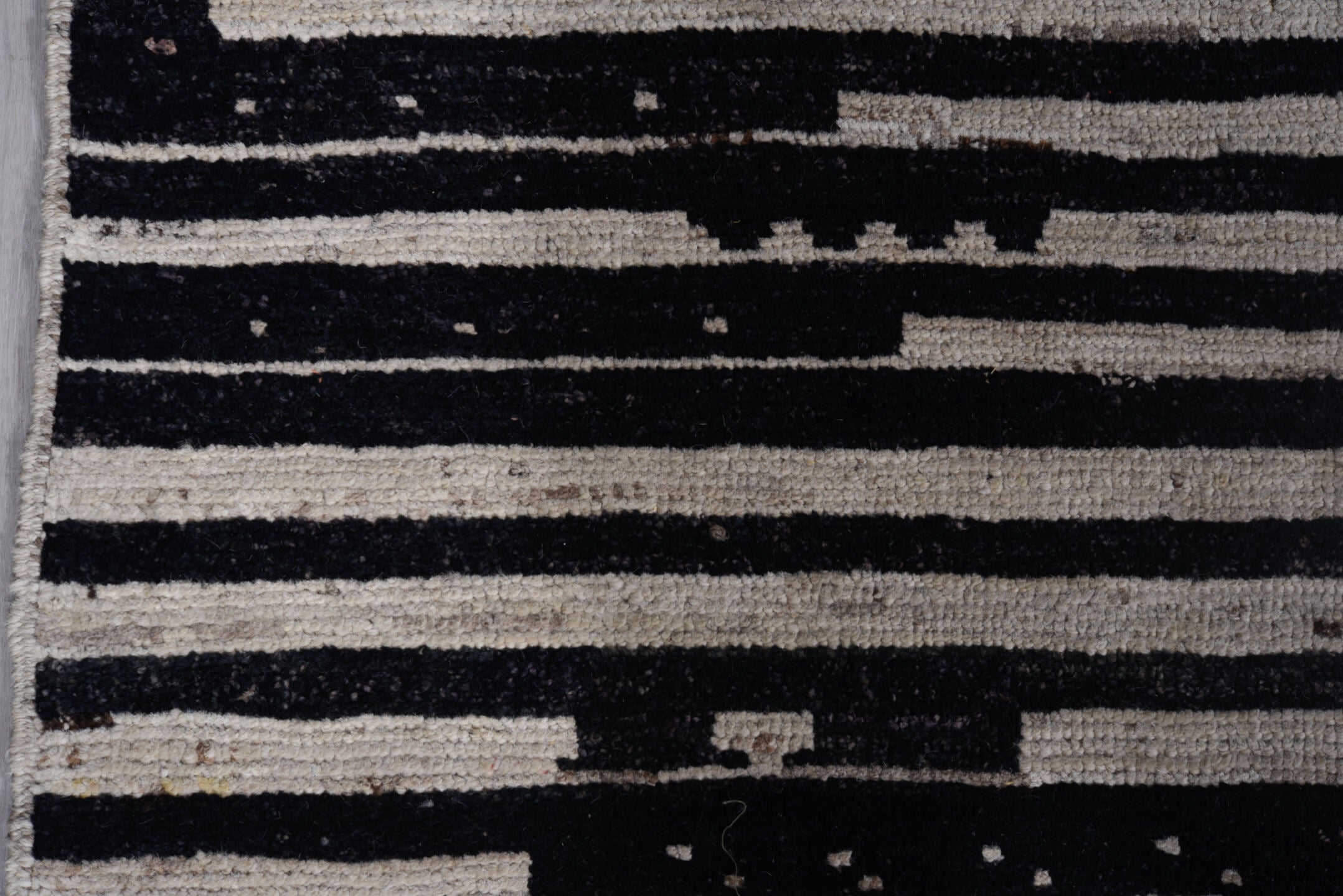 9' x 11' one-of-a-kind handmade vintage Tulu large size rug. Color palette: black, blue, charcoal, dark gray, gray