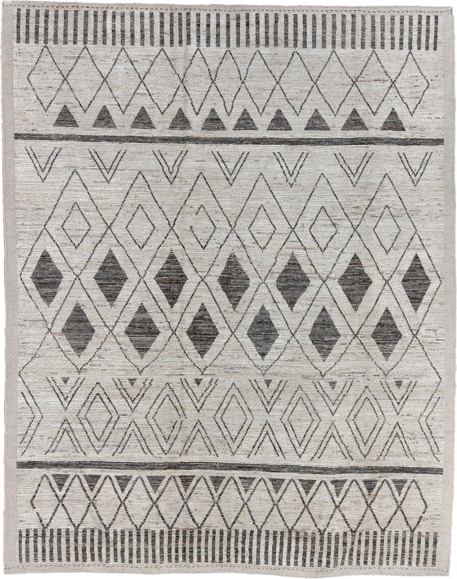 9' x 11' one-of-a-kind handmade vintage Tulu large size rug. Color palette: ivory, charcoal, taupe, gray, black, beige