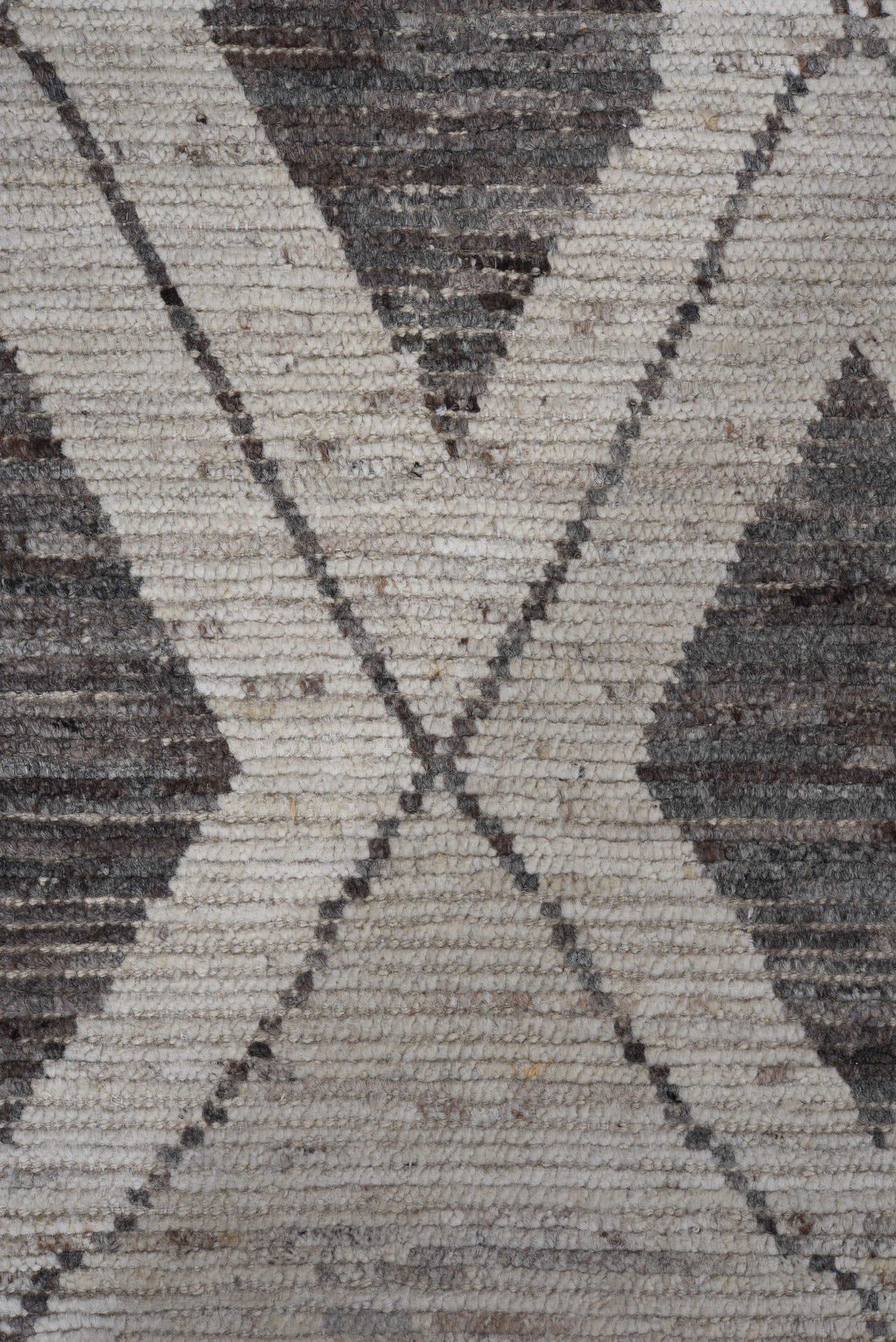9' x 11' one-of-a-kind handmade vintage Tulu large size rug. Color palette: ivory, charcoal, taupe, gray, black, beige