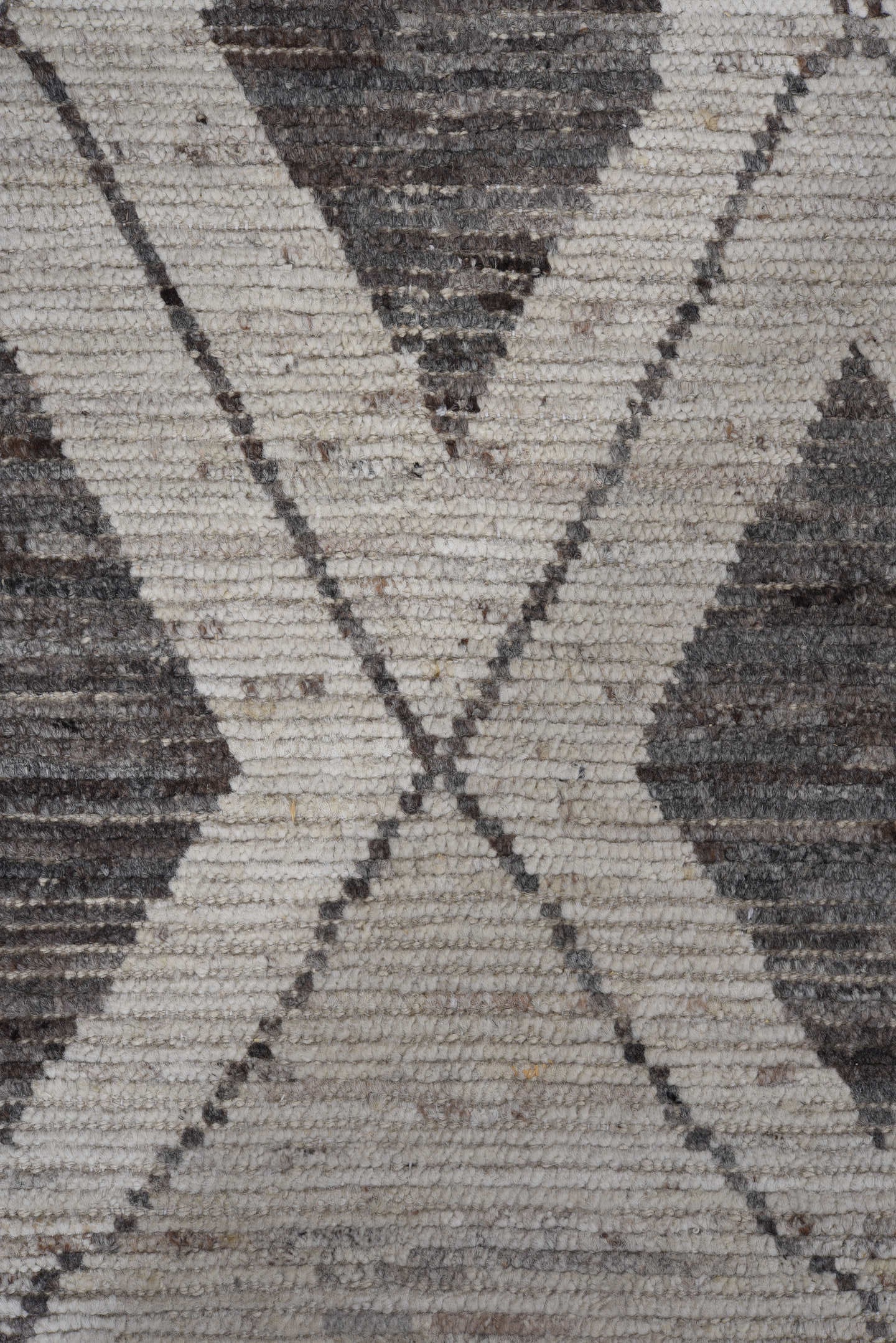 9' x 11' one-of-a-kind handmade vintage Tulu large size rug. Color palette: ivory, charcoal, taupe, gray, black, beige