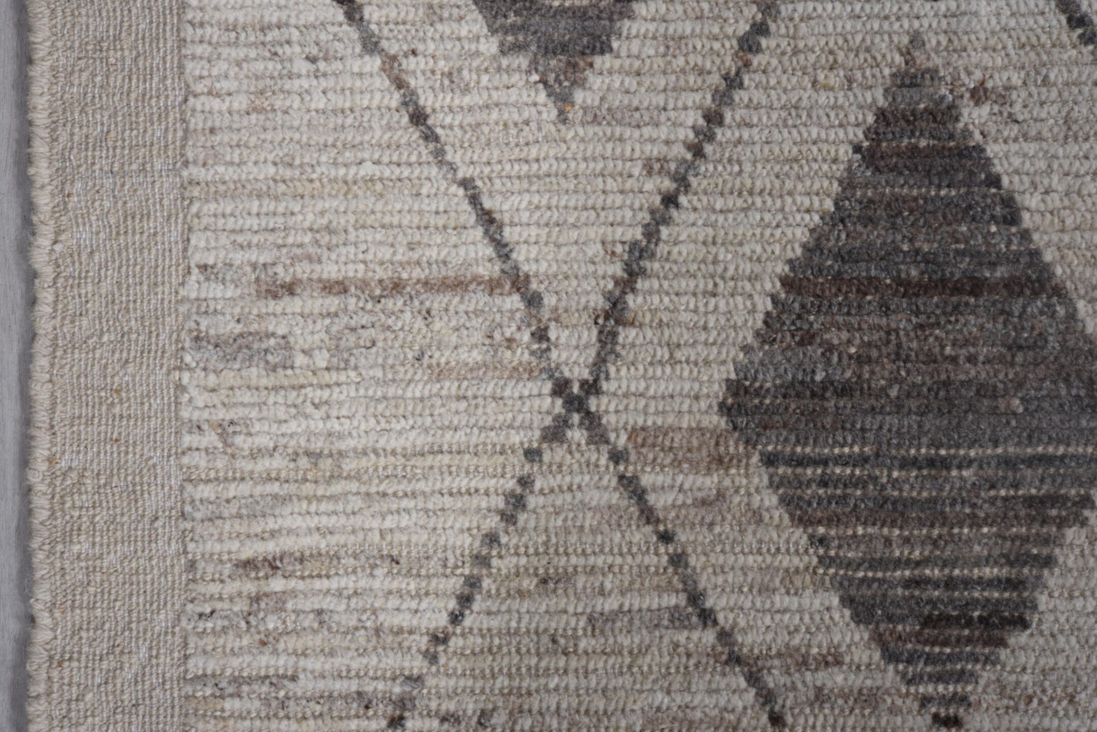 9' x 11' one-of-a-kind handmade vintage Tulu large size rug. Color palette: ivory, charcoal, taupe, gray, black, beige