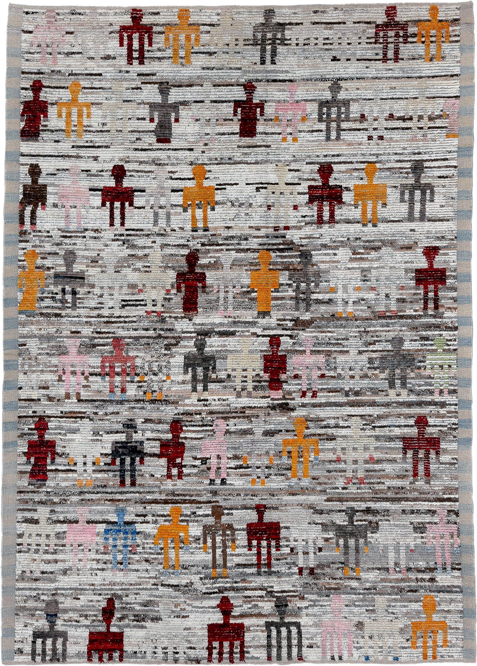 7' x 9' one-of-a-kind handmade vintage Tulu large size rug. Color palette: ivory, gray, burgundy, gold, pink, taupe
