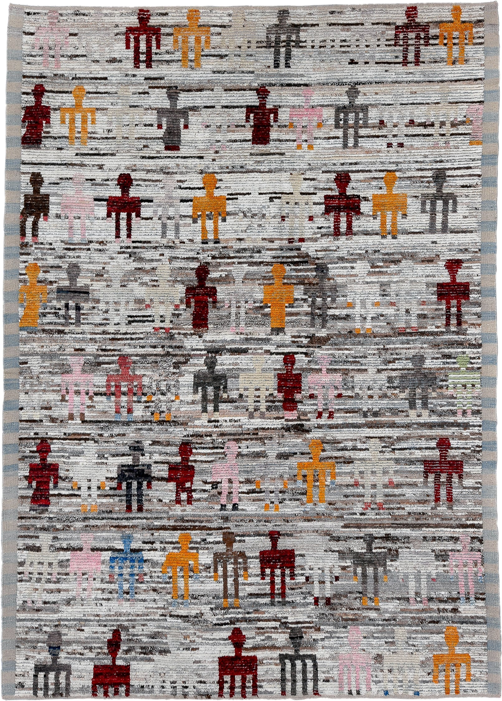 7' x 9' one-of-a-kind handmade vintage Tulu large size rug. Color palette: ivory, gray, burgundy, gold, pink, taupe