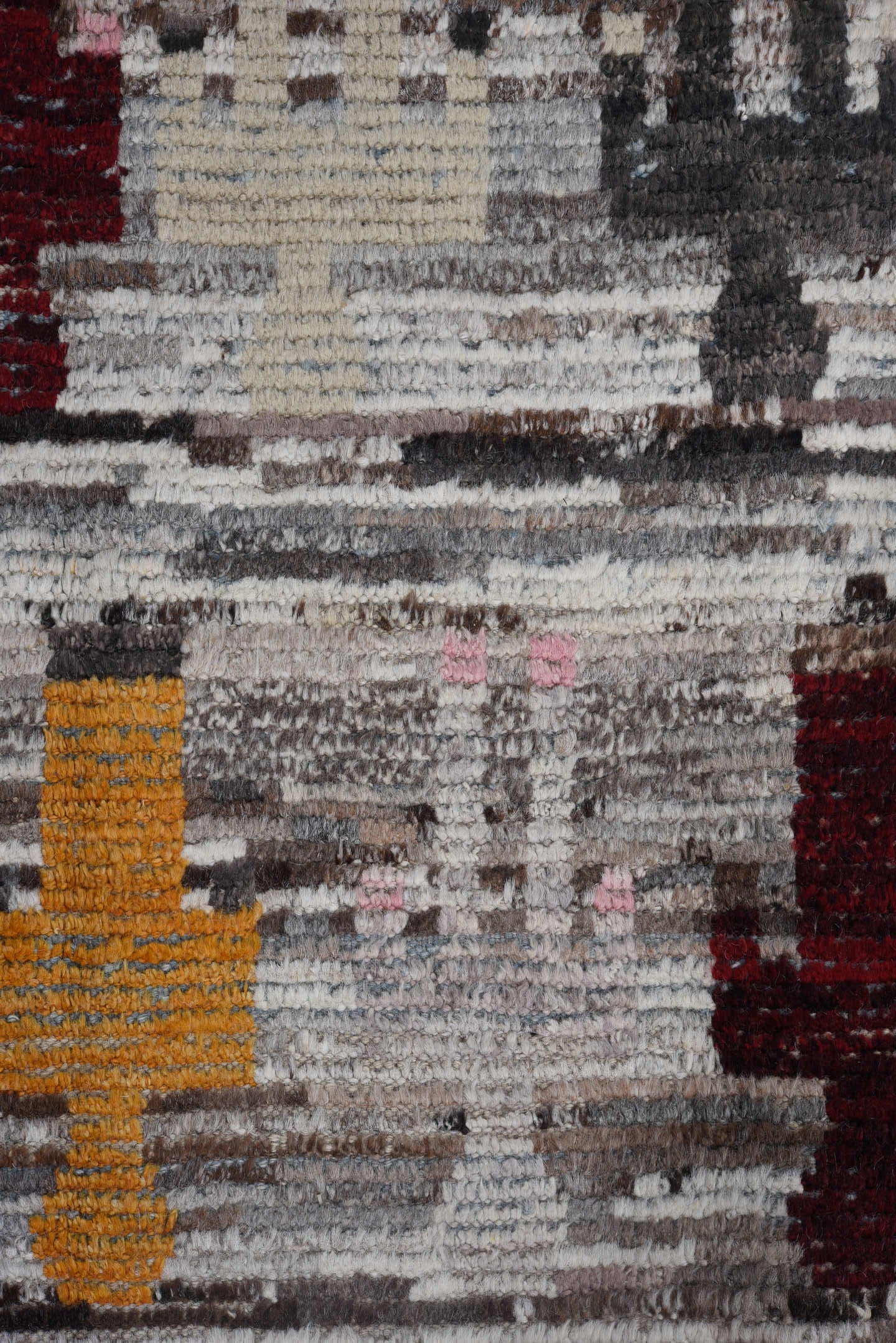 7' x 9' one-of-a-kind handmade vintage Tulu large size rug. Color palette: ivory, gray, burgundy, gold, pink, taupe