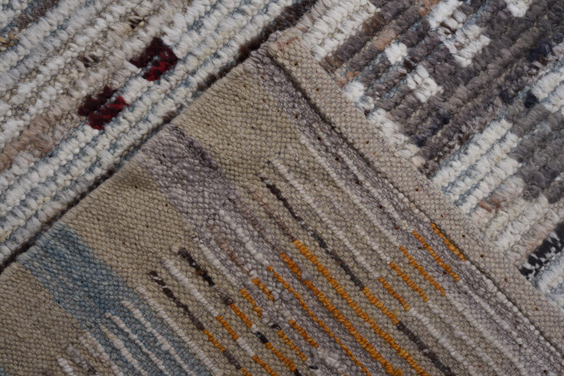 7' x 9' one-of-a-kind handmade vintage Tulu large size rug. Color palette: ivory, gray, burgundy, gold, pink, taupe