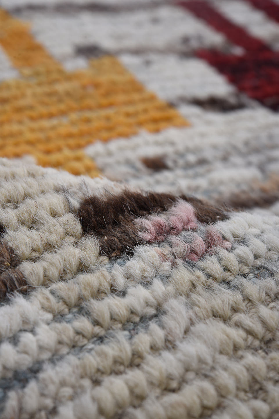 7' x 9' one-of-a-kind handmade vintage Tulu large size rug. Color palette: ivory, gray, burgundy, gold, pink, taupe