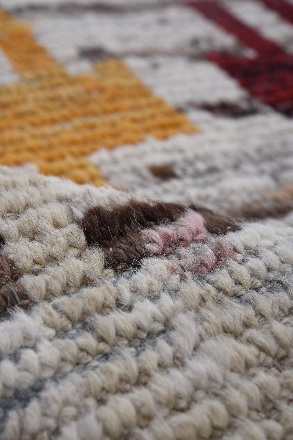 7' x 9' one-of-a-kind handmade vintage Tulu large size rug. Color palette: ivory, gray, burgundy, gold, pink, taupe