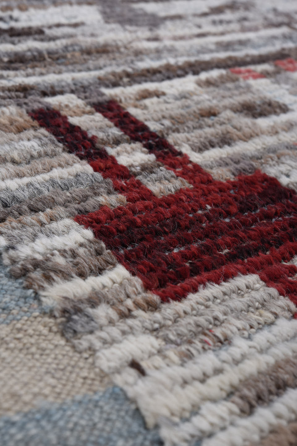 7' x 9' one-of-a-kind handmade vintage Tulu large size rug. Color palette: ivory, gray, burgundy, gold, pink, taupe
