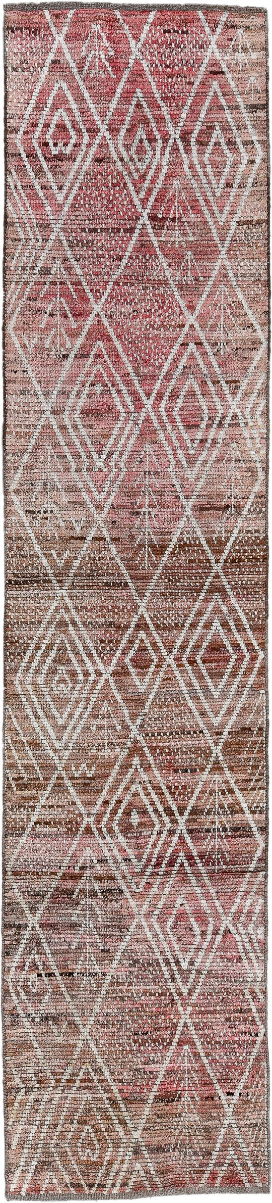 2' x 13' one-of-a-kind handmade vintage Tulu runner rug. Color palette: rose, ivory, taupe, brown, terra cotta, pink, red