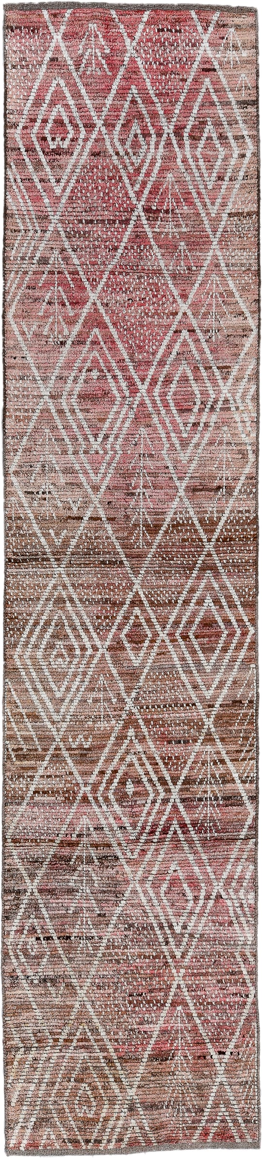 2' x 13' one-of-a-kind handmade vintage Tulu runner rug. Color palette: rose, ivory, taupe, brown, terra cotta, pink, red