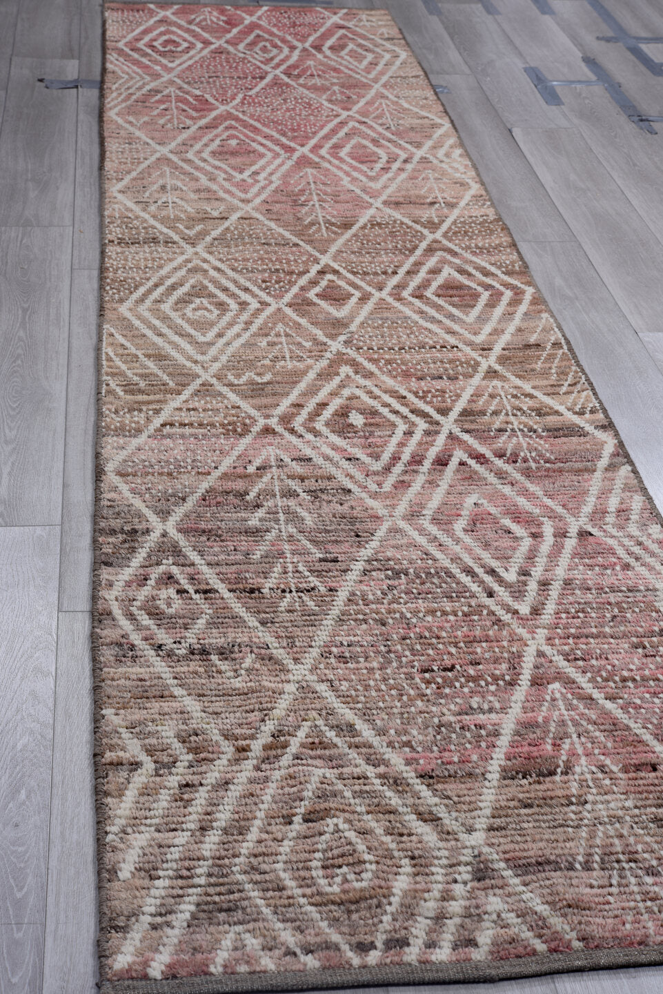 2' x 13' one-of-a-kind handmade vintage Tulu runner rug. Color palette: rose, ivory, taupe, brown, terra cotta, pink, red