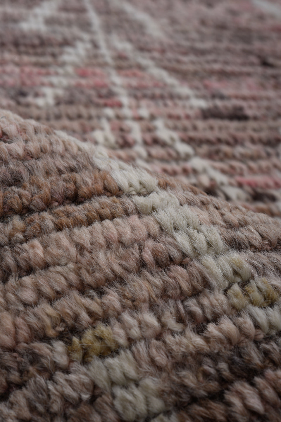 2' x 13' one-of-a-kind handmade vintage Tulu runner rug. Color palette: rose, ivory, taupe, brown, terra cotta, pink, red