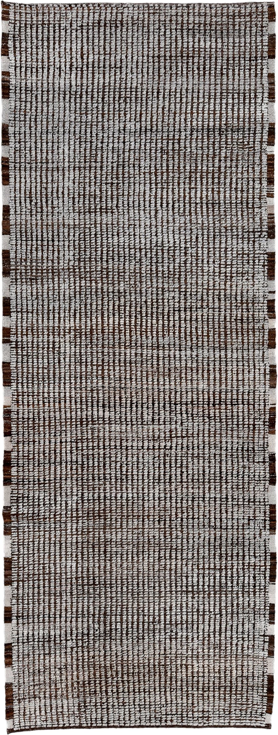 4' x 12' one-of-a-kind handmade vintage Tulu runner rug. Color palette: ivory, brown, espresso, black