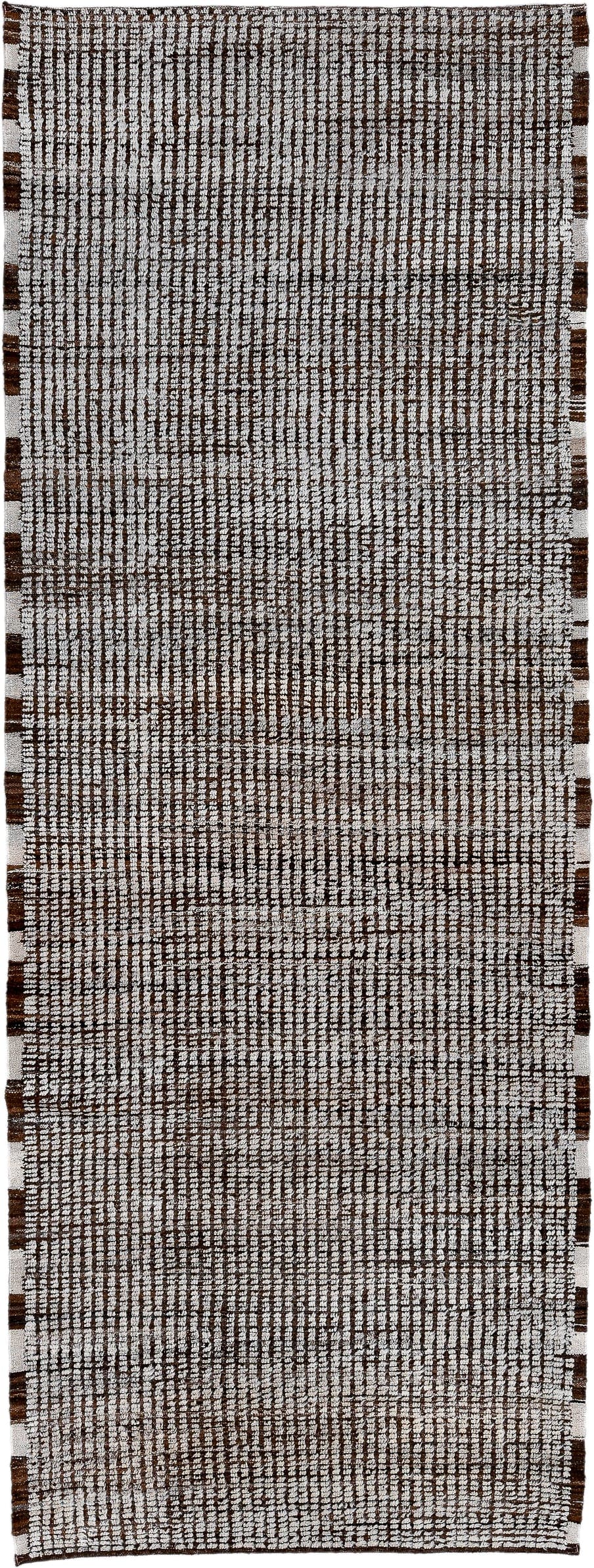 4' x 12' one-of-a-kind handmade vintage Tulu runner rug. Color palette: ivory, brown, espresso, black
