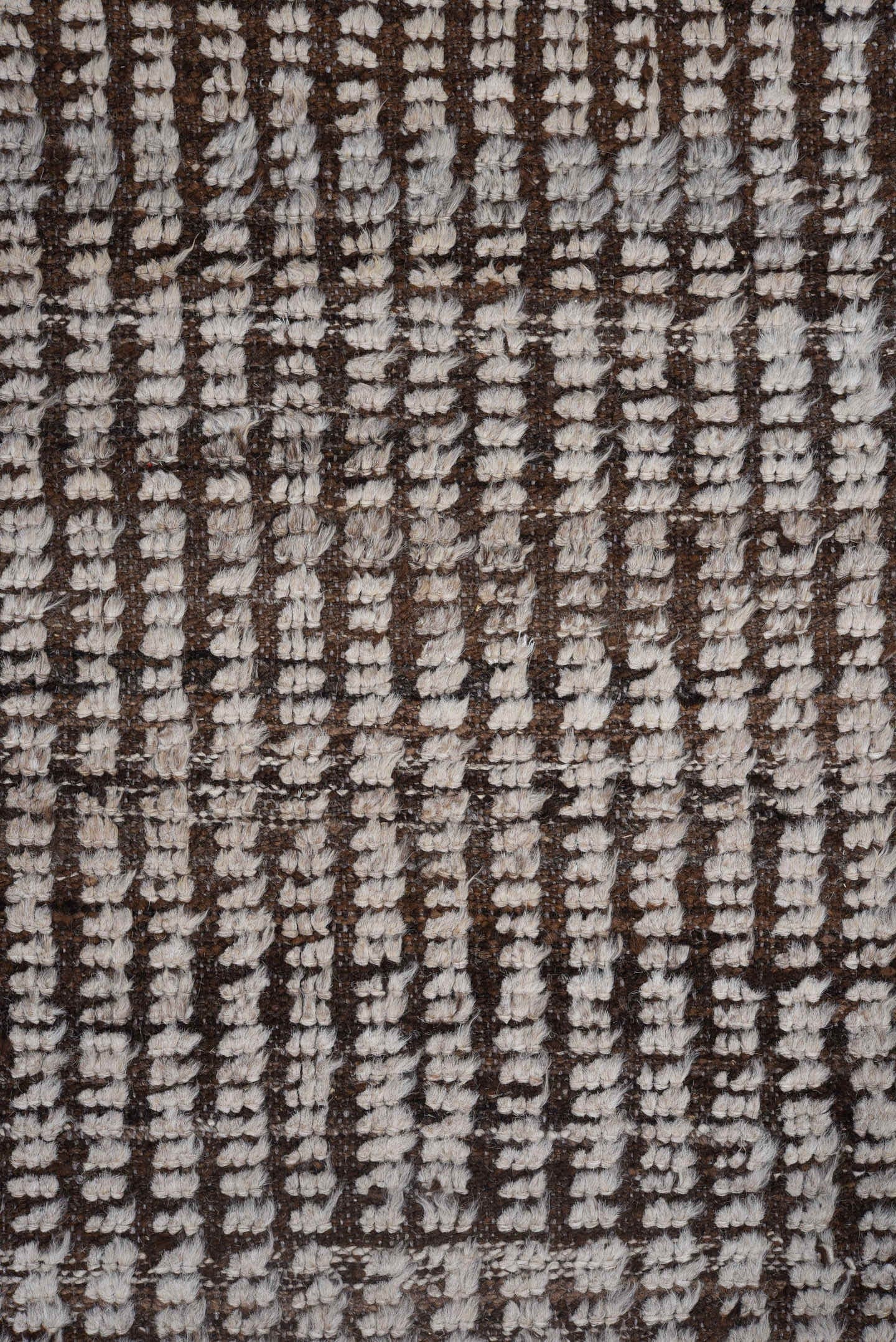 4' x 12' one-of-a-kind handmade vintage Tulu runner rug. Color palette: ivory, brown, espresso, black
