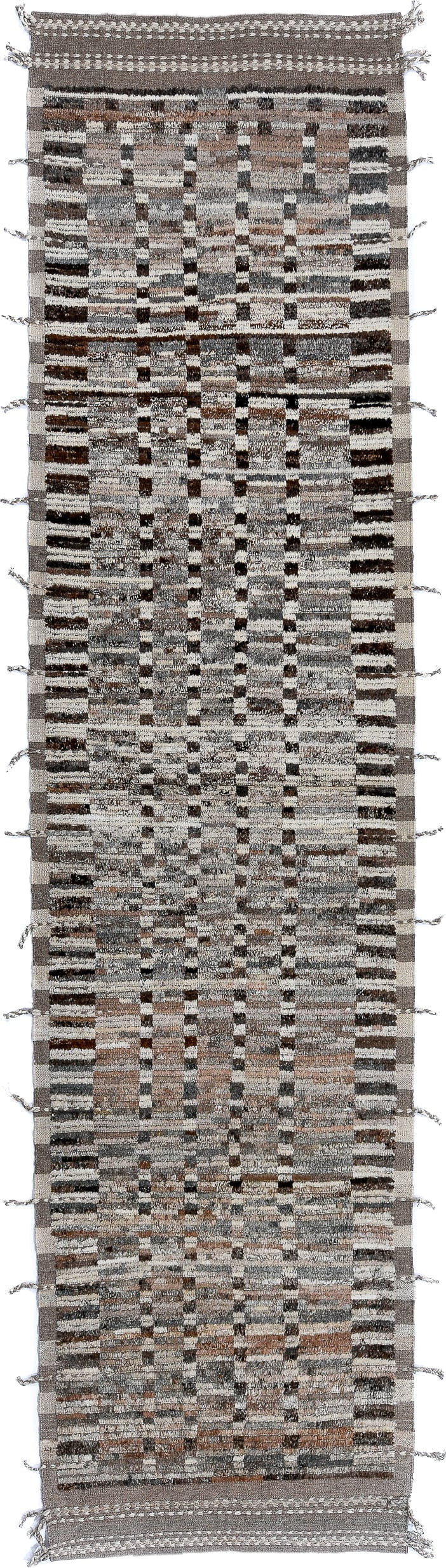 3' x 13' one-of-a-kind handmade vintage Tulu runner rug. Color palette: ivory, taupe, brown, charcoal, gray, camel, beige