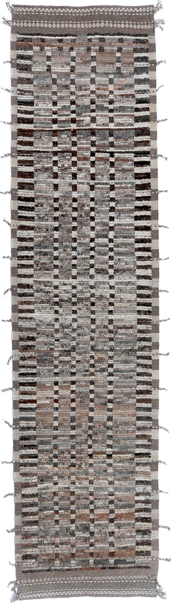 3' x 13' one-of-a-kind handmade vintage Tulu runner rug. Color palette: ivory, taupe, brown, charcoal, gray, camel, beige