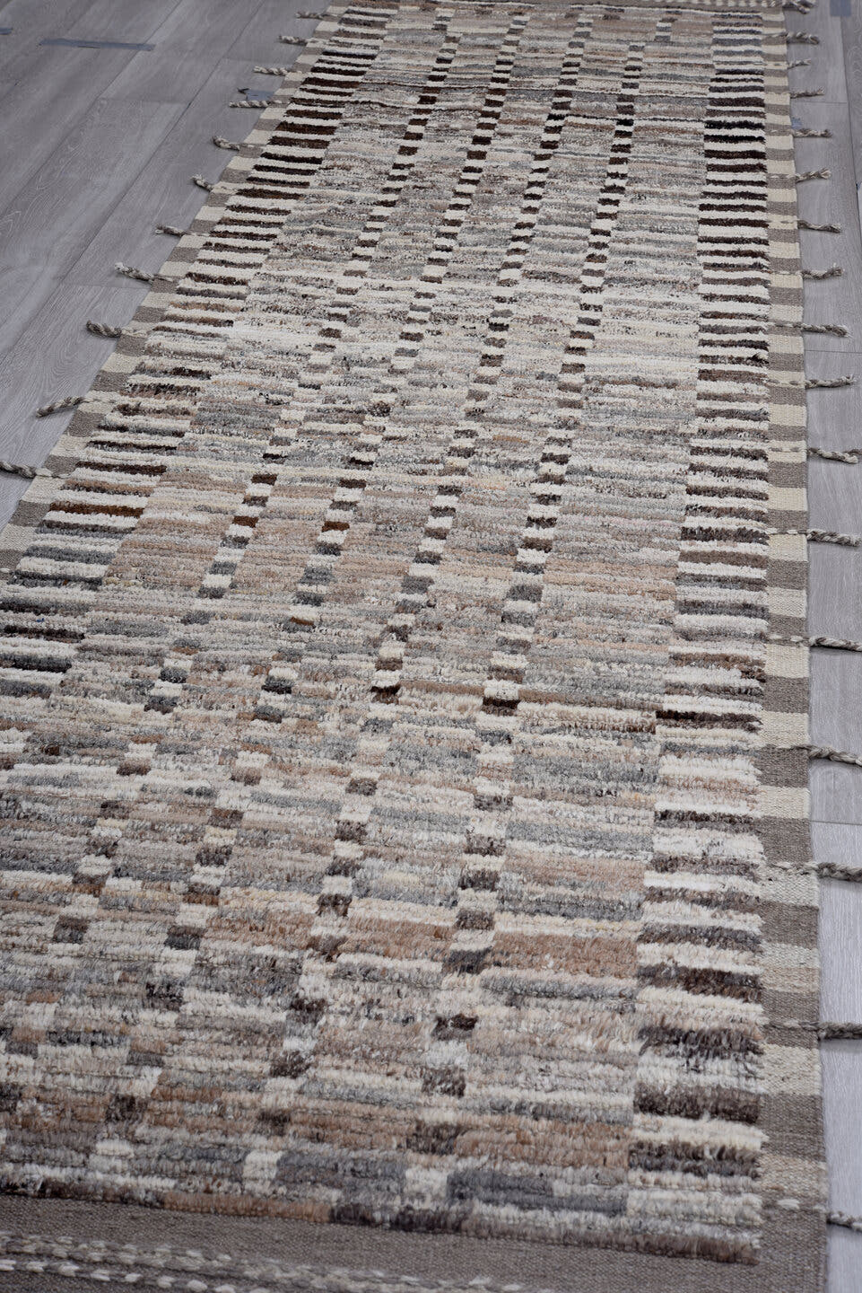 3' x 13' one-of-a-kind handmade vintage Tulu runner rug. Color palette: ivory, taupe, brown, charcoal, gray, camel, beige