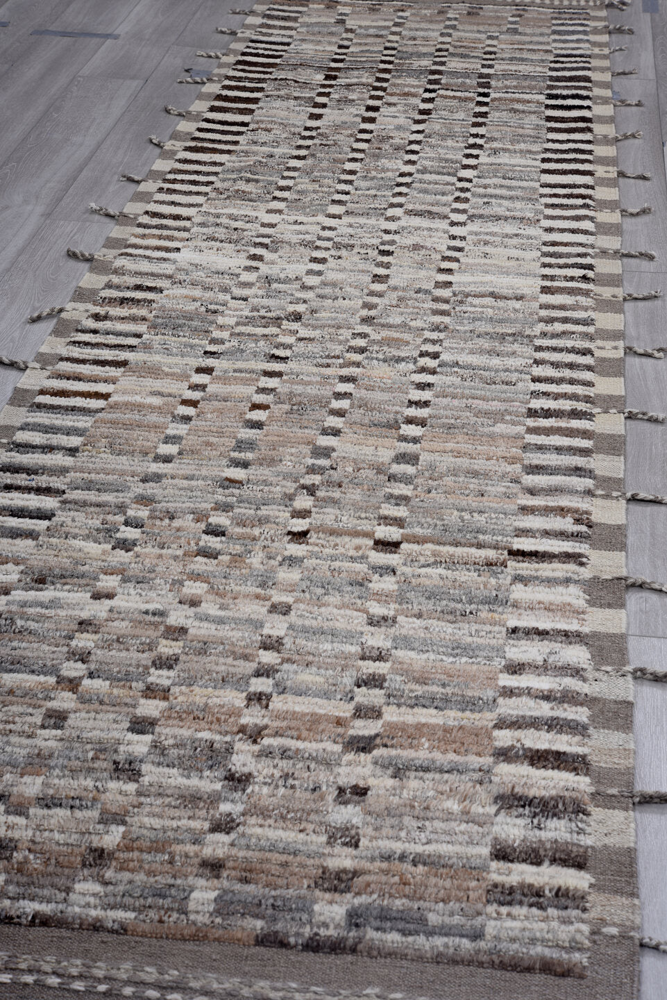 3' x 13' one-of-a-kind handmade vintage Tulu runner rug. Color palette: ivory, taupe, brown, charcoal, gray, camel, beige