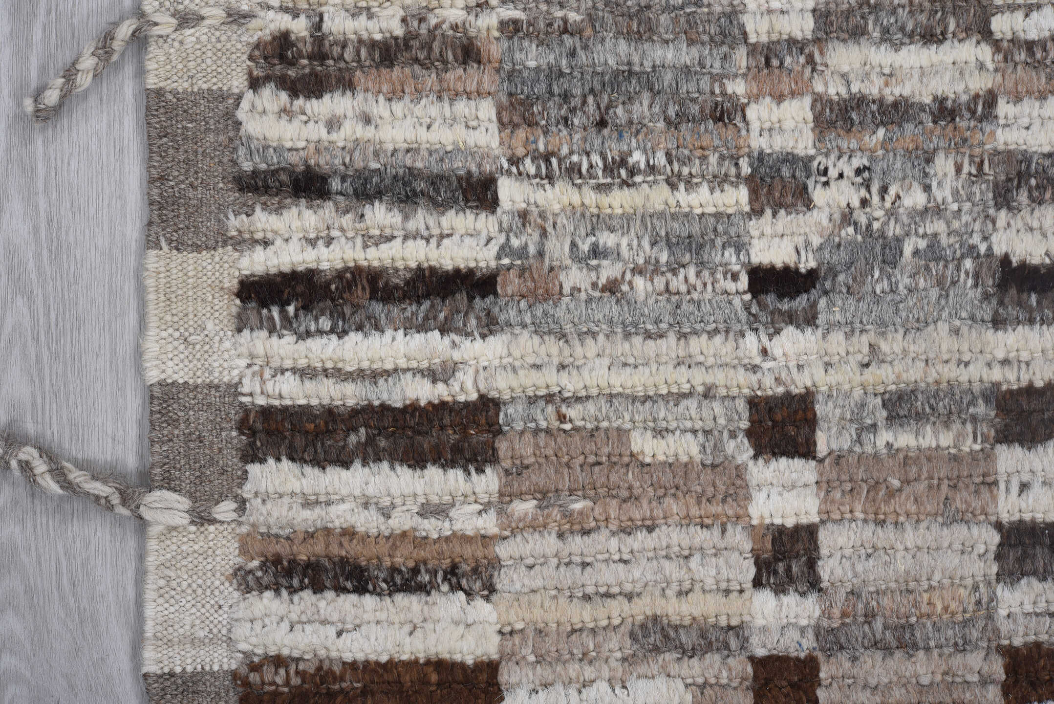 3' x 13' one-of-a-kind handmade vintage Tulu runner rug. Color palette: ivory, taupe, brown, charcoal, gray, camel, beige