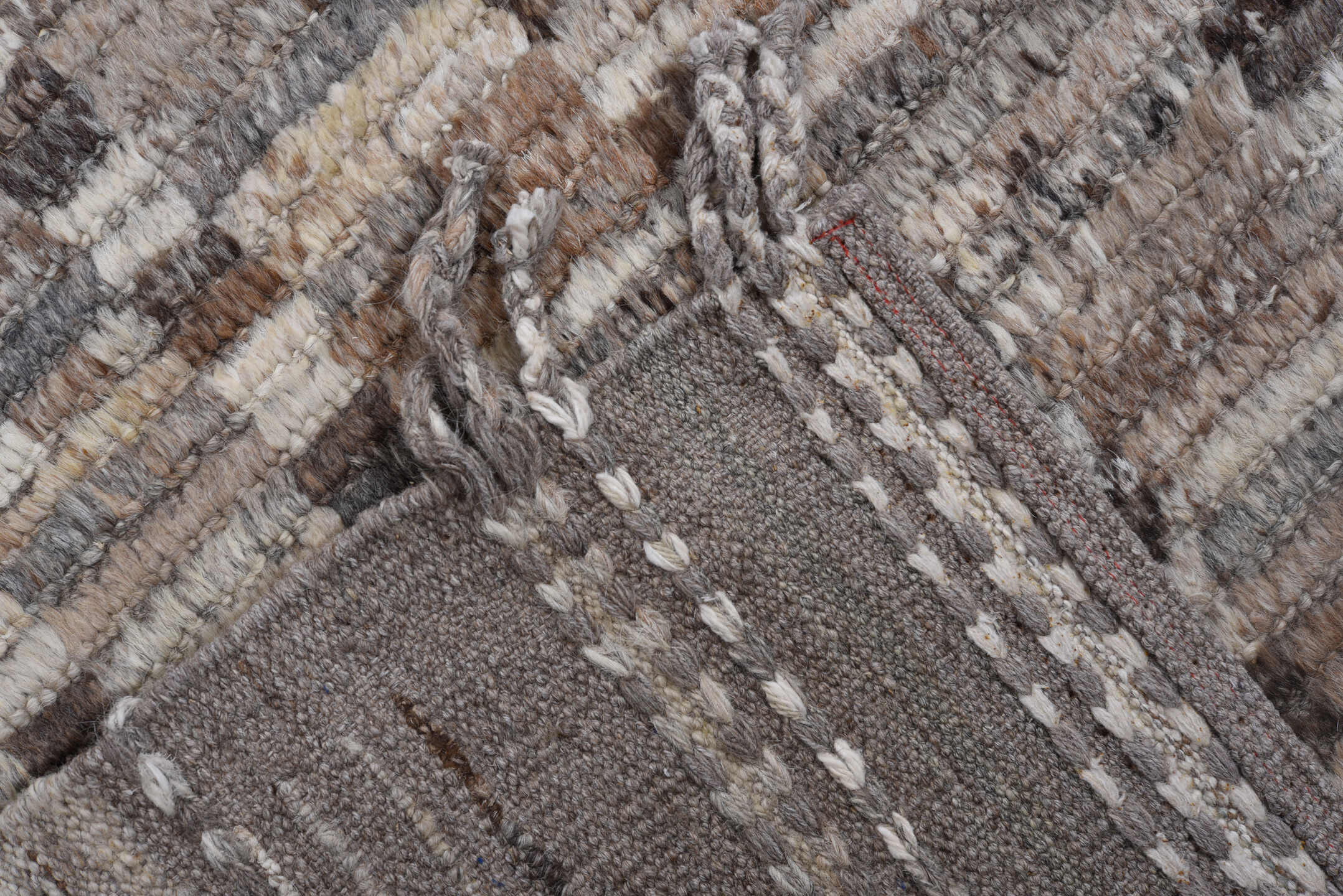 3' x 13' one-of-a-kind handmade vintage Tulu runner rug. Color palette: ivory, taupe, brown, charcoal, gray, camel, beige