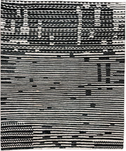 8' x 9' one-of-a-kind handmade vintage Tulu rug. Color palette: ivory, black, charcoal, gray