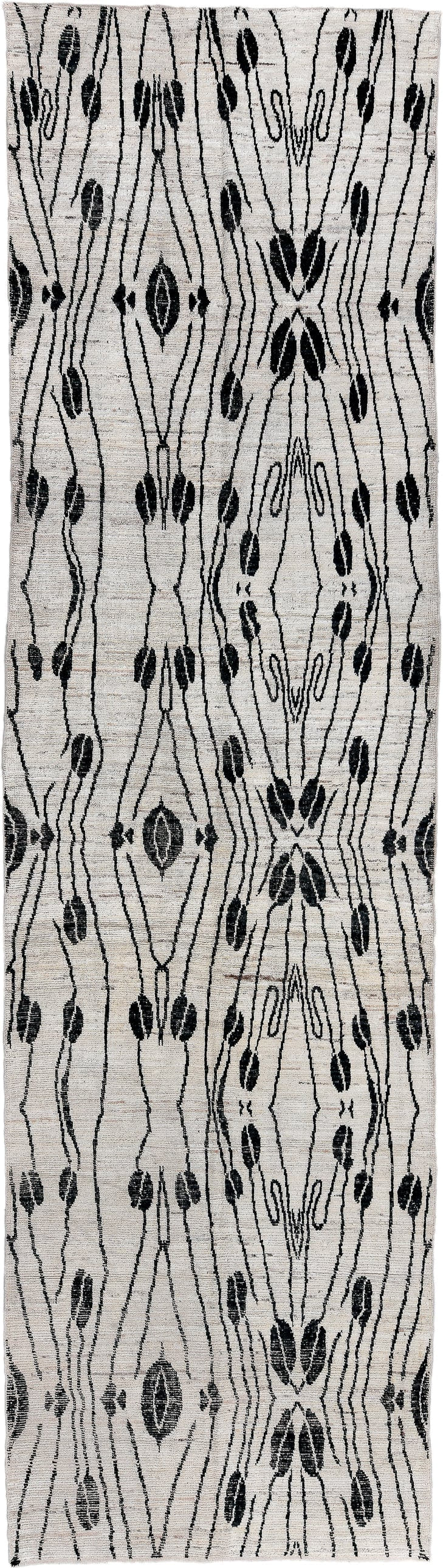 5' x 19' one-of-a-kind handmade vintage Tulu rug. Color palette: ivory, black, charcoal, gray