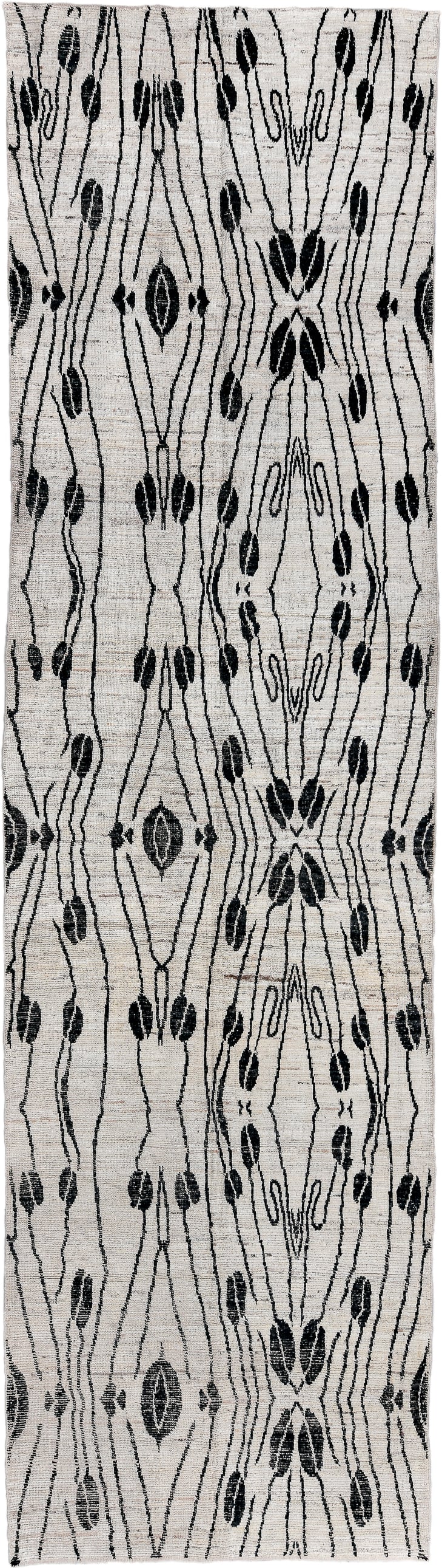 5' x 19' one-of-a-kind handmade vintage Tulu rug. Color palette: ivory, black, charcoal, gray