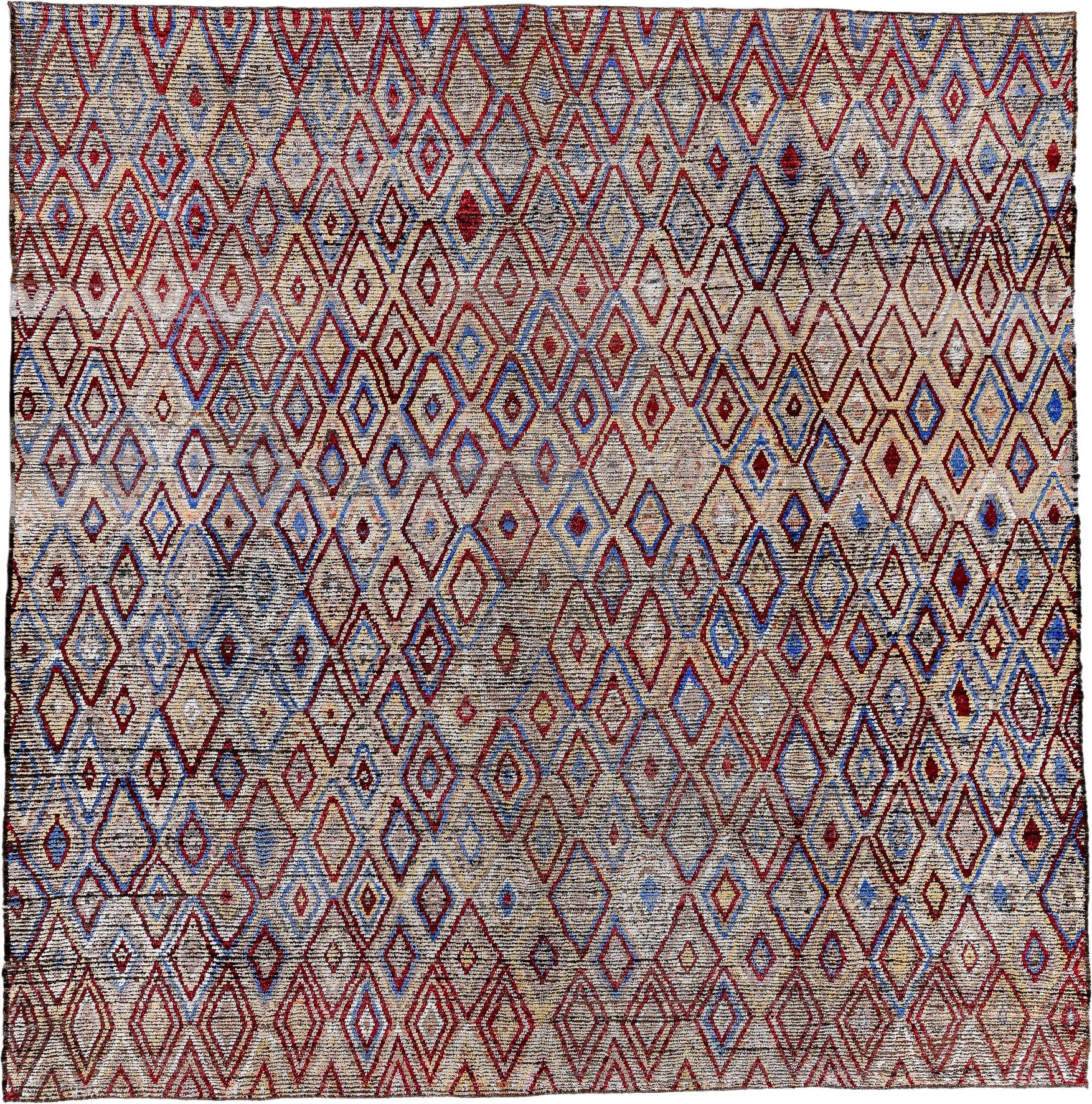 13' x 13' one-of-a-kind handmade vintage Tulu oversize rug. Color palette: ivory, red, blue, charcoal, taupe, gray, black