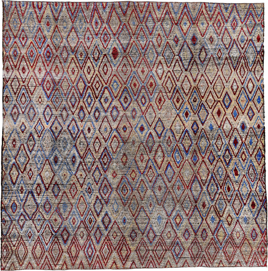 13' x 13' one-of-a-kind handmade vintage Tulu oversize rug. Color palette: ivory, red, blue, charcoal, taupe, gray, black