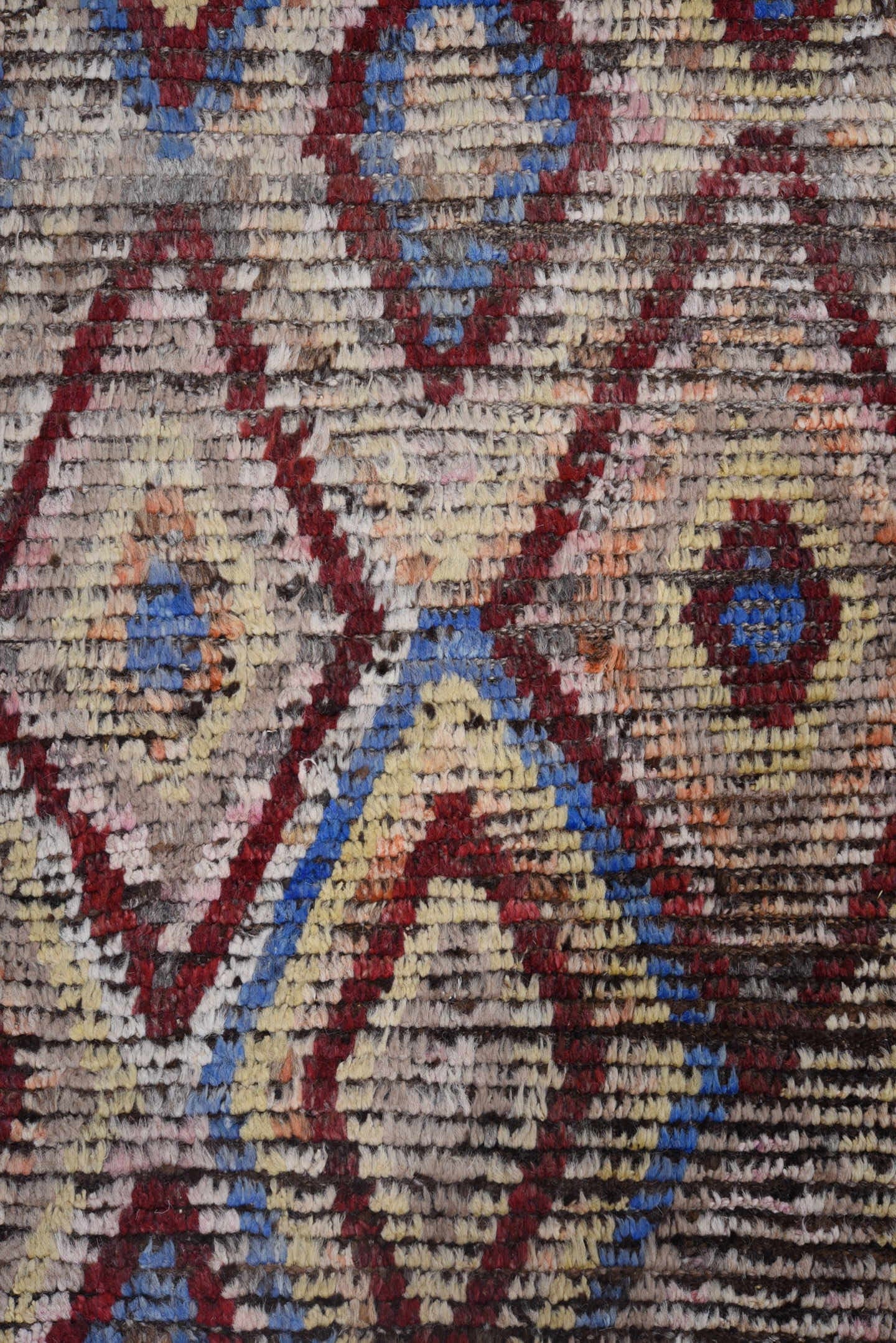 13' x 13' one-of-a-kind handmade vintage Tulu oversize rug. Color palette: ivory, red, blue, charcoal, taupe, gray, black