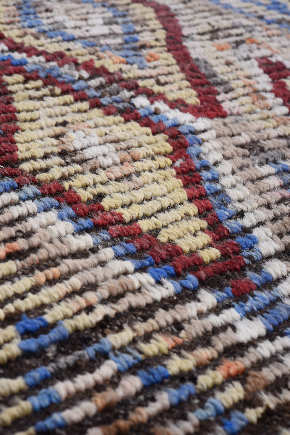 13' x 13' one-of-a-kind handmade vintage Tulu oversize rug. Color palette: ivory, red, blue, charcoal, taupe, gray, black