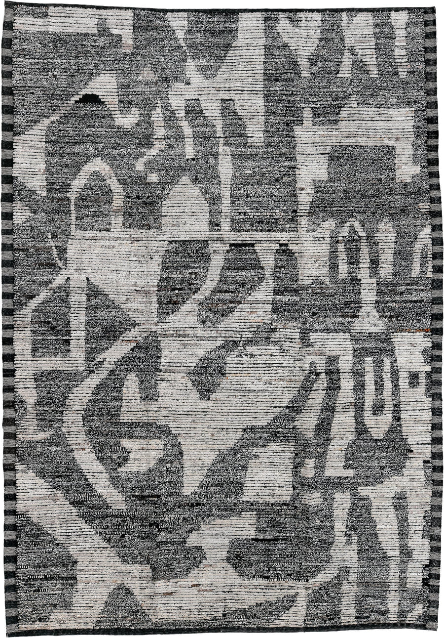 9' x 12' one-of-a-kind handmade vintage Tulu large size rug. Color palette: ivory, charcoal, black, gray