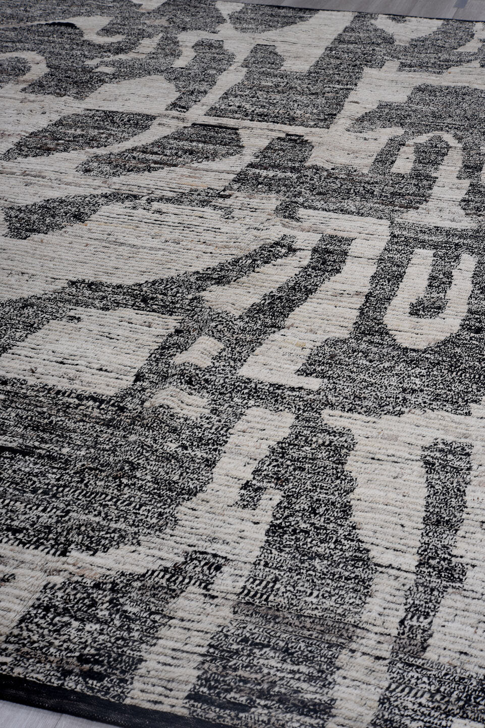 9' x 12' one-of-a-kind handmade vintage Tulu large size rug. Color palette: ivory, charcoal, black, gray