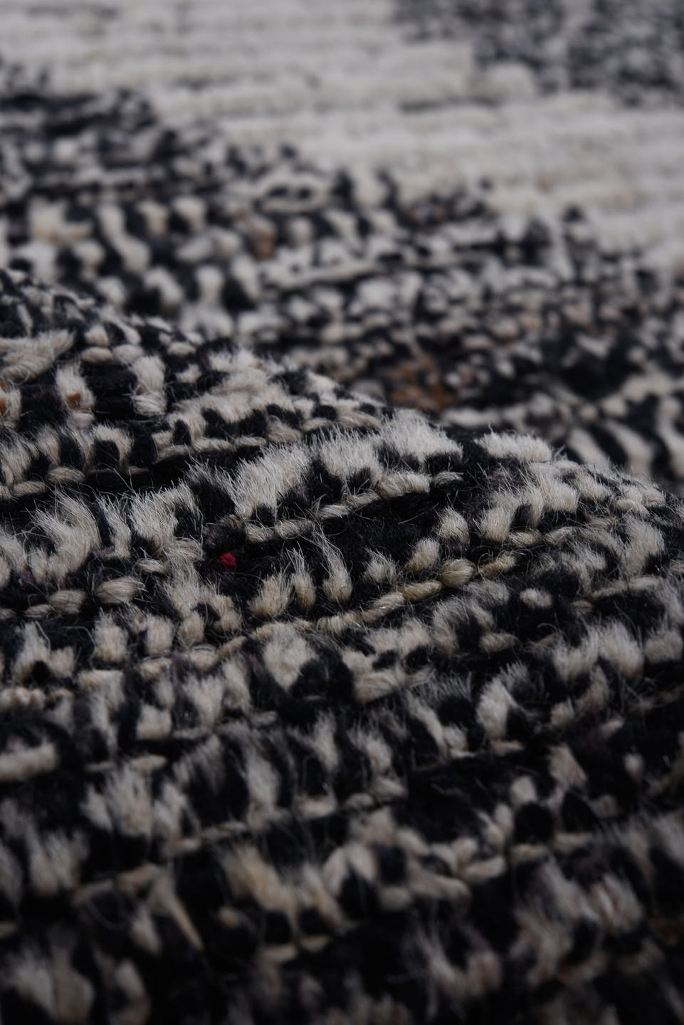 9' x 12' one-of-a-kind handmade vintage Tulu large size rug. Color palette: ivory, charcoal, black, gray